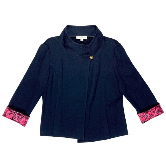St. John Collection Jacket Women 12 Black Knit Silk Floral Trim Mock Neck Blazer - Picture 1 of 16